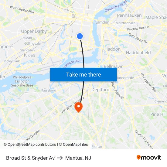 Broad St & Snyder Av to Mantua, NJ map