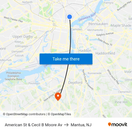 American St & Cecil B Moore Av to Mantua, NJ map