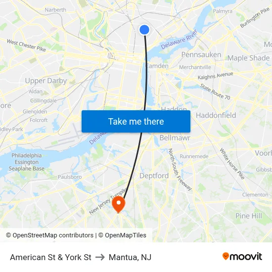 American St & York St to Mantua, NJ map