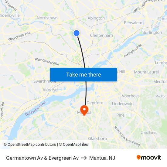 Germantown Av & Evergreen Av to Mantua, NJ map