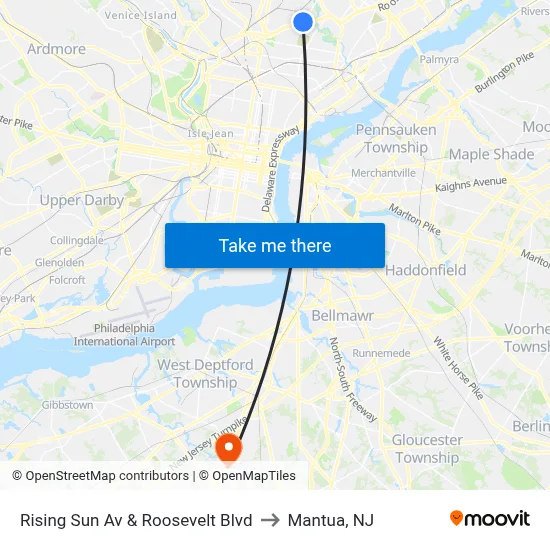 Rising Sun Av & Roosevelt Blvd to Mantua, NJ map