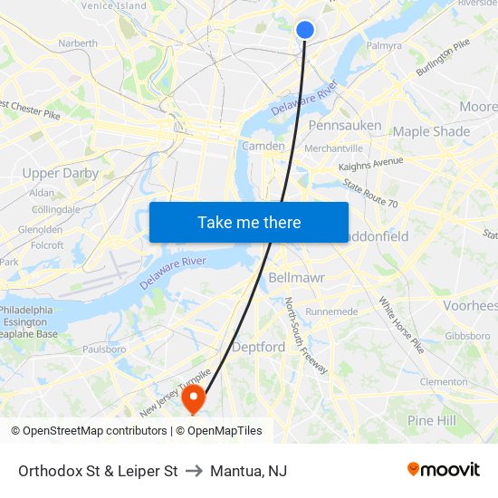 Orthodox St & Leiper St to Mantua, NJ map