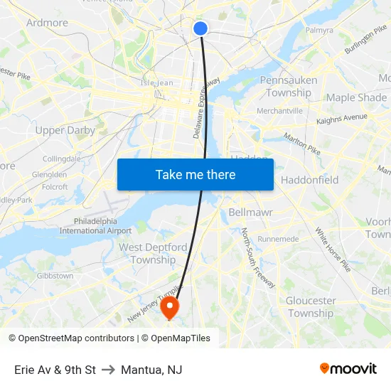 Erie Av & 9th St to Mantua, NJ map