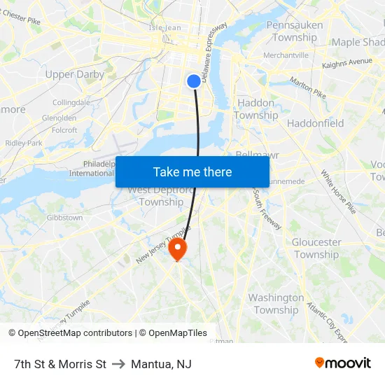 7th St & Morris St to Mantua, NJ map