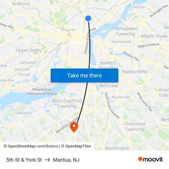 5th St & York St to Mantua, NJ map