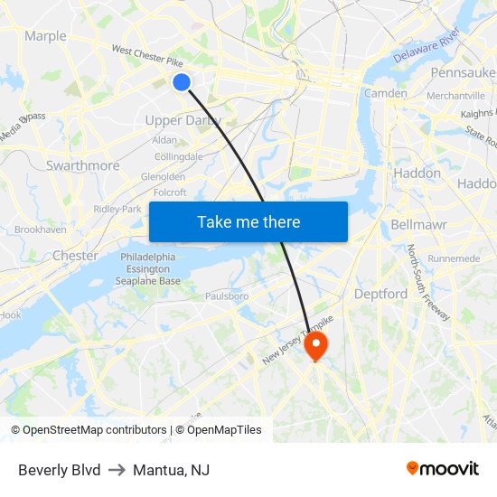 Beverly Blvd to Mantua, NJ map