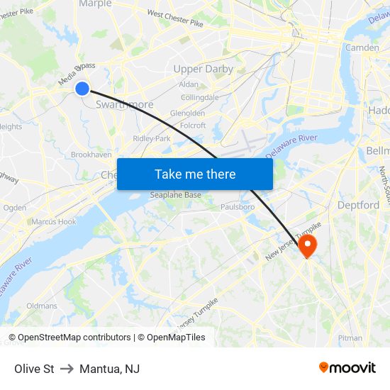 Olive St to Mantua, NJ map