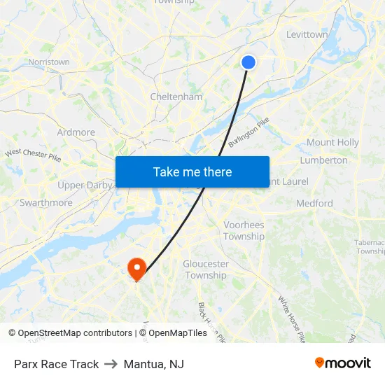 Parx Race Track to Mantua, NJ map