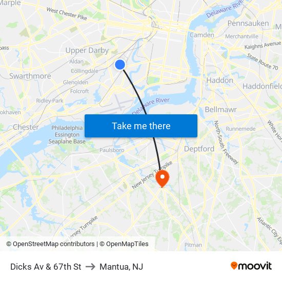 Dicks Av & 67th St to Mantua, NJ map