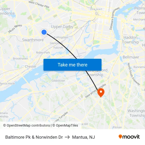 Baltimore Pk & Norwinden Dr to Mantua, NJ map