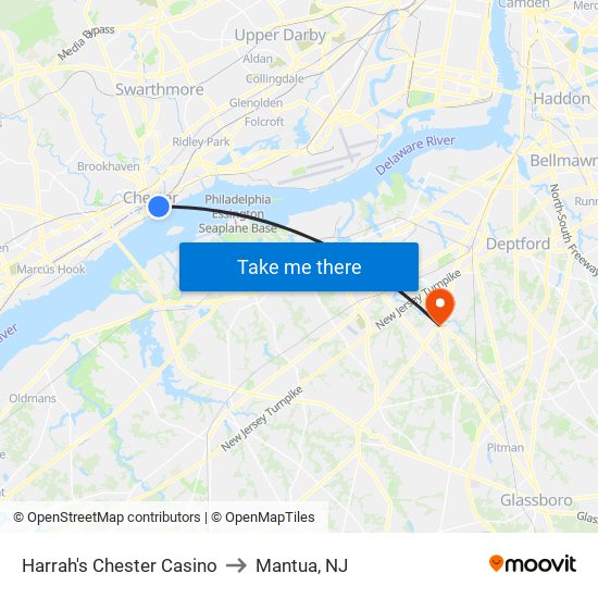 Harrah's Chester Casino to Mantua, NJ map