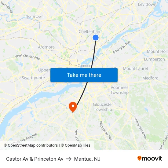 Castor Av & Princeton Av to Mantua, NJ map