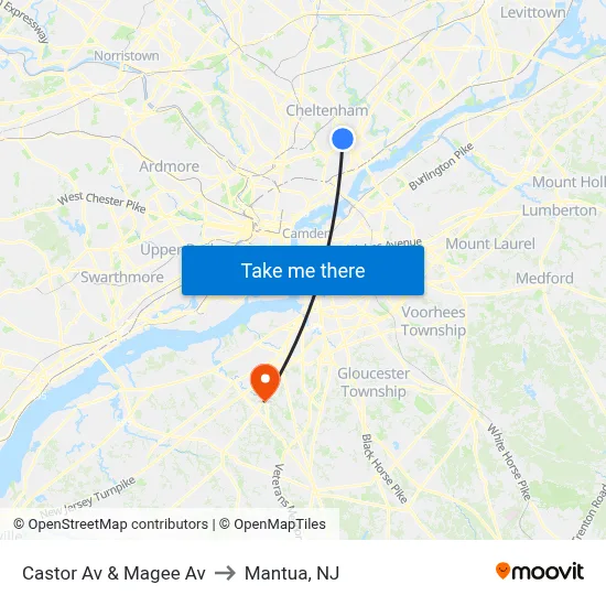 Castor Av & Magee Av to Mantua, NJ map