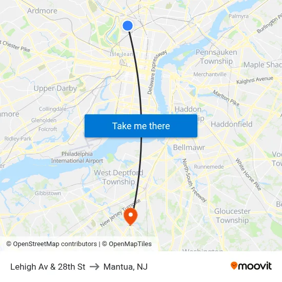 Lehigh Av & 28th St to Mantua, NJ map