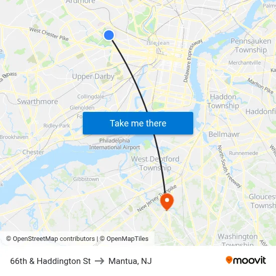 66th & Haddington St to Mantua, NJ map