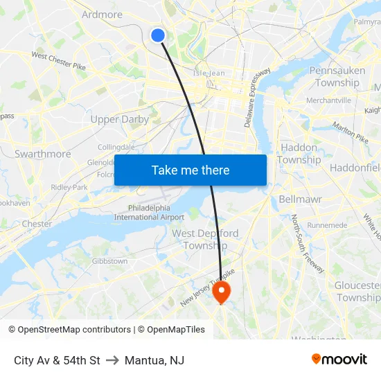 City Av & 54th St to Mantua, NJ map
