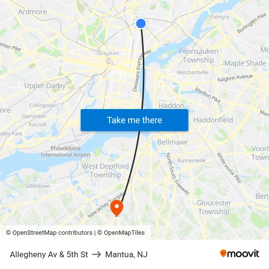 Allegheny Av & 5th St to Mantua, NJ map