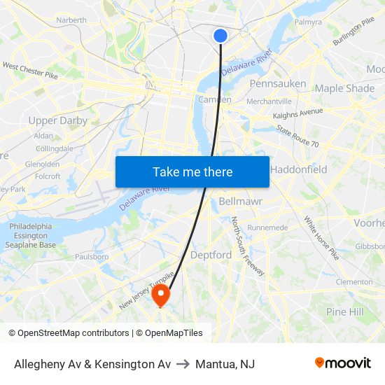 Allegheny Av & Kensington Av to Mantua, NJ map