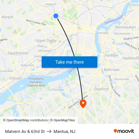 Malvern Av & 63rd St to Mantua, NJ map