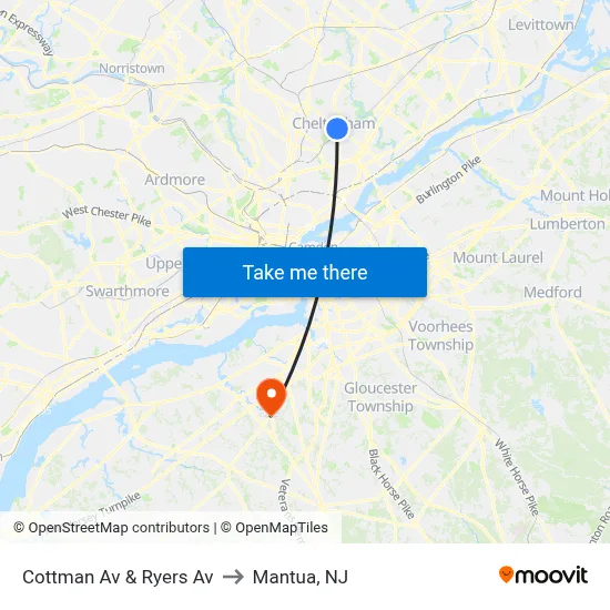 Cottman Av & Ryers Av to Mantua, NJ map