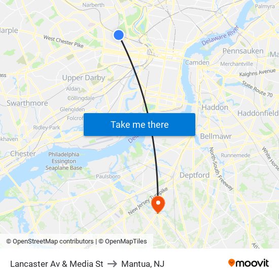 Lancaster Av & Media St to Mantua, NJ map
