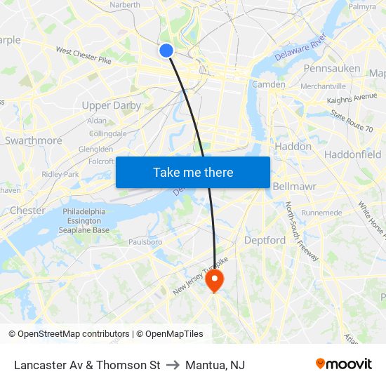 Lancaster Av & Thomson St to Mantua, NJ map