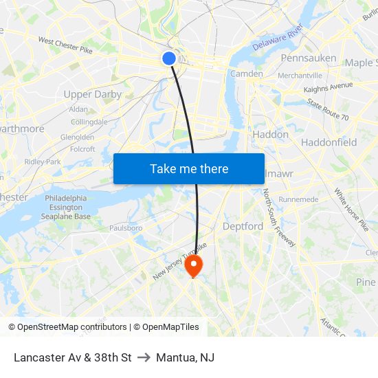 Lancaster Av & 38th St to Mantua, NJ map