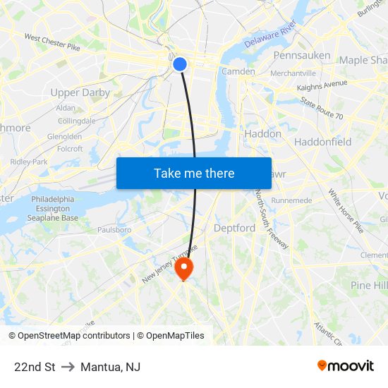 22nd St to Mantua, NJ map