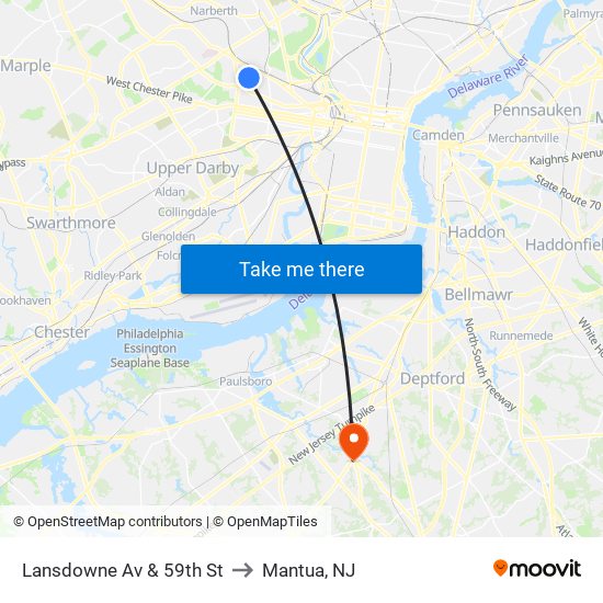 Lansdowne Av & 59th St to Mantua, NJ map