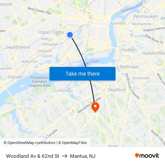 Woodland Av & 62nd St to Mantua, NJ map