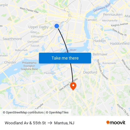 Woodland Av & 55th St to Mantua, NJ map