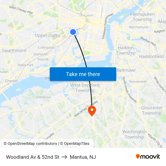Woodland Av & 52nd St to Mantua, NJ map