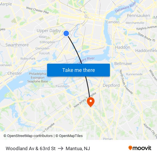 Woodland Av & 63rd St to Mantua, NJ map