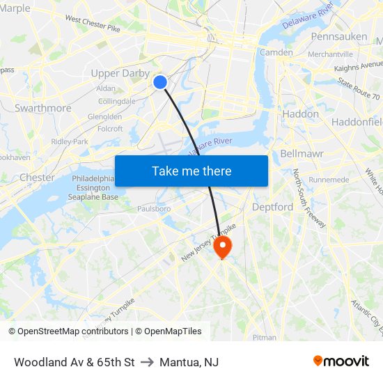 Woodland Av & 65th St to Mantua, NJ map