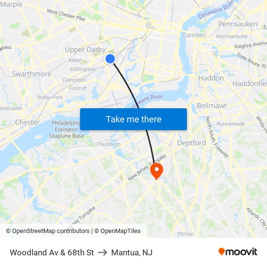 Woodland Av & 68th St to Mantua, NJ map