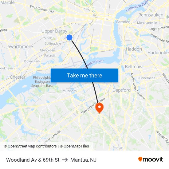 Woodland Av & 69th St to Mantua, NJ map