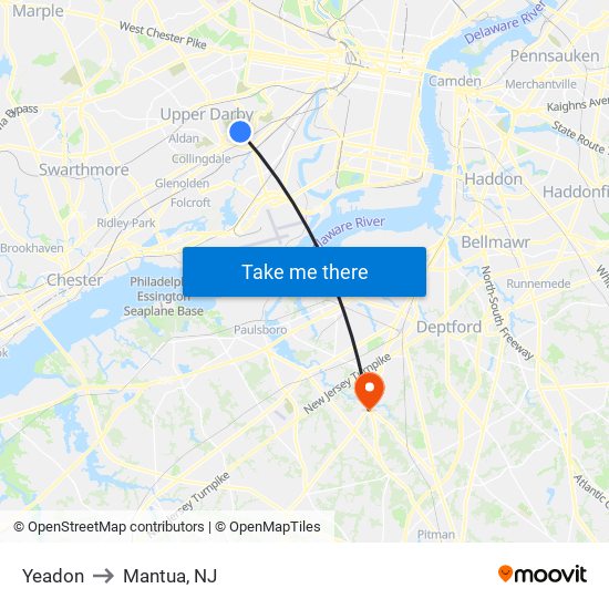 Yeadon to Mantua, NJ map