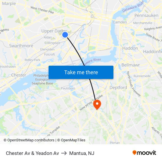 Chester Av & Yeadon Av to Mantua, NJ map