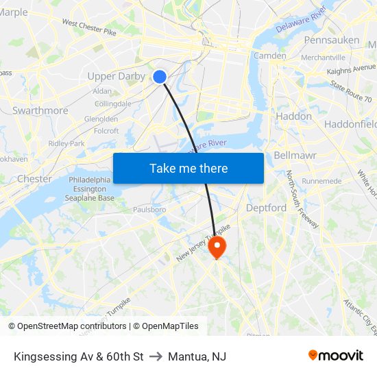 Kingsessing Av & 60th St to Mantua, NJ map