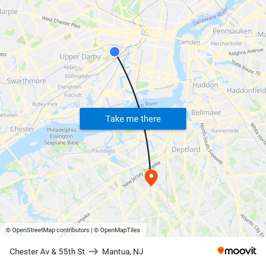 Chester Av & 55th St to Mantua, NJ map