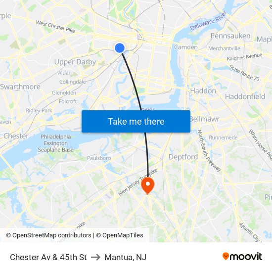 Chester Av & 45th St to Mantua, NJ map