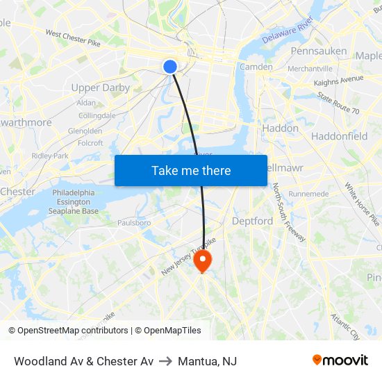 Woodland Av & Chester Av to Mantua, NJ map