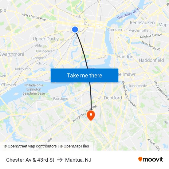 Chester Av & 43rd St to Mantua, NJ map