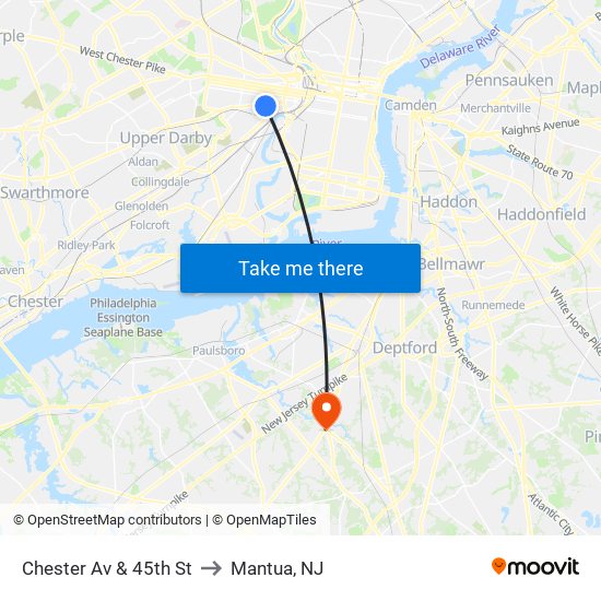 Chester Av & 45th St to Mantua, NJ map