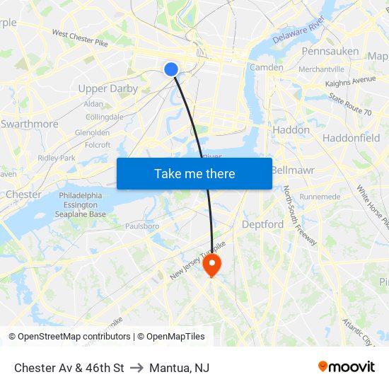 Chester Av & 46th St to Mantua, NJ map