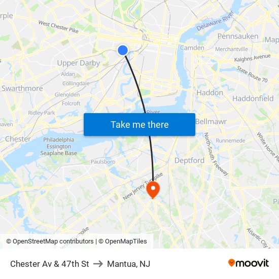 Chester Av & 47th St to Mantua, NJ map