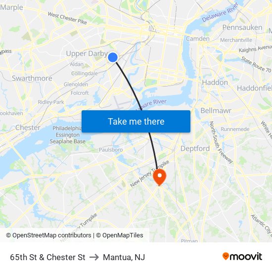 65th St & Chester St to Mantua, NJ map