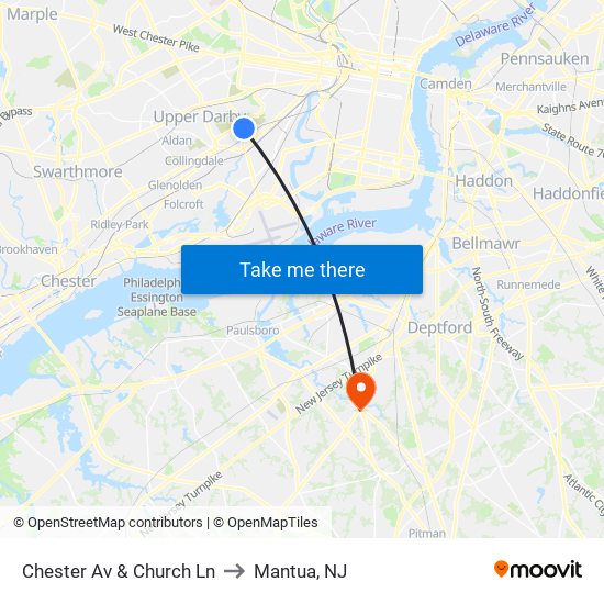 Chester Av & Church Ln to Mantua, NJ map