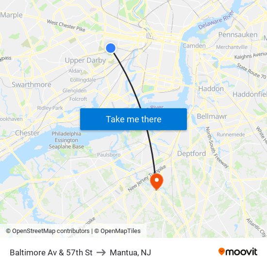 Baltimore Av & 57th St to Mantua, NJ map
