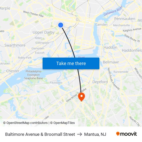 Baltimore Avenue & Broomall Street to Mantua, NJ map